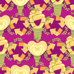 Save the earth. Vector illustration. Seamless Pattern. Dark background, wallpaper. Recycling symbol. Energy saving light bulbs, climbing plant. Alternative Energy Sources