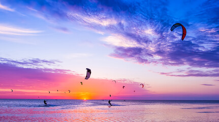 Kite-surfing against a beautiful sunset. Many silhouettes of kites in the sky. Holidays on nature. Artistic picture. Beauty world. - obrazy, fototapety, plakaty