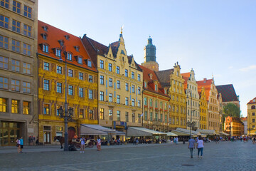 Facades of old historic houses on Market Square in Wroclaw, Poland	
