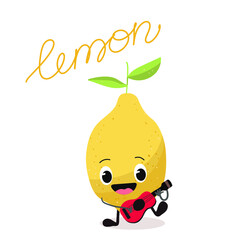 Vector illustration in the form of cartoon cute character of lemon with guitar or ukulele. Organic fruits or vegetarian food. Summer time, summer vibe, t shirt design.