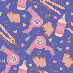 Hair care, various items hair, hair dryer, curlers, hair spray. styling Iron. Vector seamless Pattern. Dark background, wallpaper, cartoon style