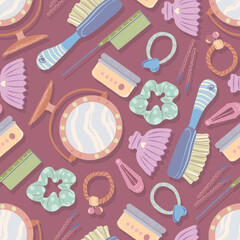 Various hair care items, combs, mirror, hair bands, hair clips, hair bobby pins. Vector seamless Pattern. Dark background, wallpaper, cartoon style