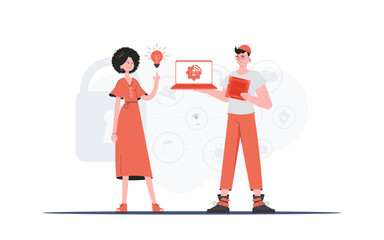 The girl and the guy are a team in the field of Internet of things. Internet of things concept. Good for presentations and websites. Vector illustration in flat style.