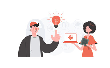 The girl and the guy are a team in the field of Internet of things. IoT concept. Good for presentations and websites. Trendy flat style. Vector.