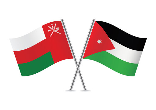 Oman and Jordan crossed flags. Omani and Jordanian flags on white background. Vector icon set. Vector illustration.