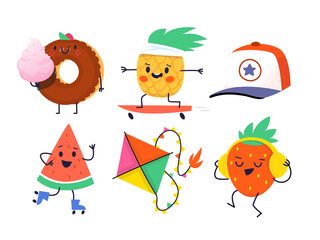 Collection of funny cartoon characters having fun enjoying summer day. Stickers for designs of cards and invitations for summer events and parties. Isolated vector images.