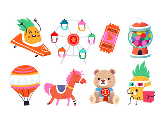 Collection of images for funfair invitations designs, for funny cards, cute decorations. Stickers representing summer fun at a fair. Isolated vector images.
