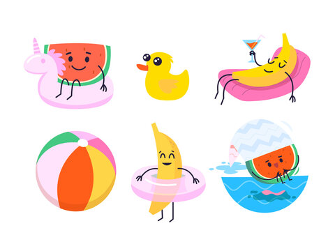 Collection of characters and images related to pool and beach fun. Designs for posters, invitations, cards, textile prints. Isolated vector images.