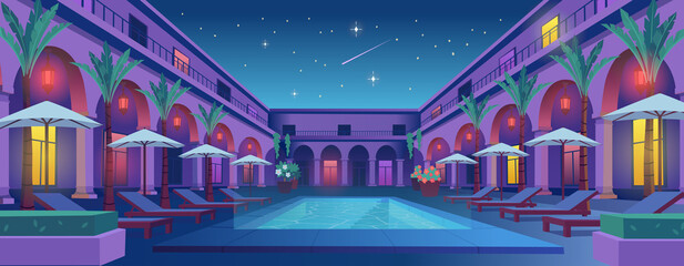 Vacation. Hotel with swimming pool, and garden, sunbeds and umbrellas. Vector illustration.