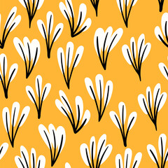 Hand drawn floral background. Botanical cartoon seamless pattern. Nature inspired simple vector print for fabric, wallpaper, stationery, package, paper