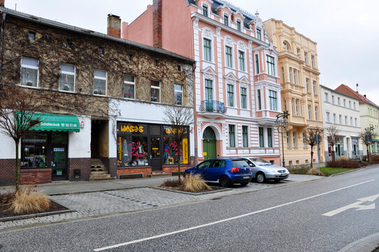 Guben, Germany - January 5, 2013: old store buildings and residential houses facade exterior architecture