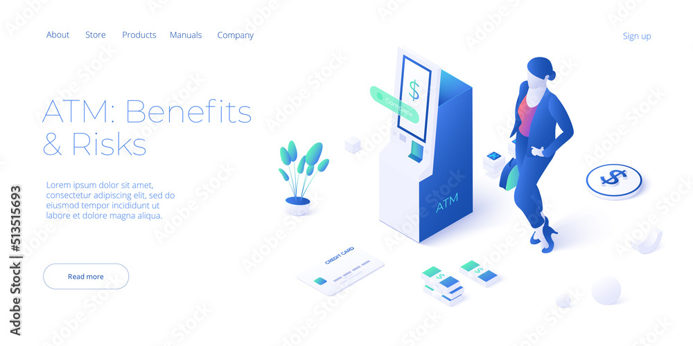 Poster queue near atm machine in isometric vector design. cash machine withdrawal or online money transfer.