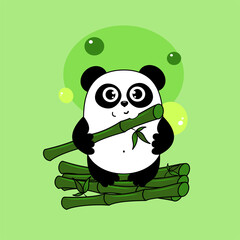 Cute cartoon panda eats bamboo. Funny character for your design. Green. Save panda concept. Ecology, green energy. 