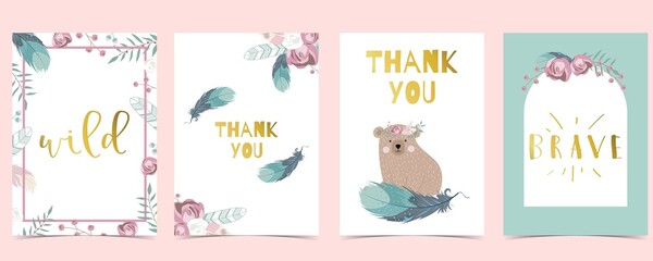 Obraz premium Green flower baby shower invitation with bear,feather. Vector birthday invitation for kid and baby