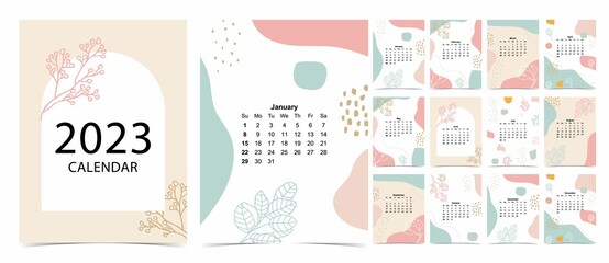 2023 table calendar week start on Sunday with color and flower that use for vertical digital and printable A4 A5 size