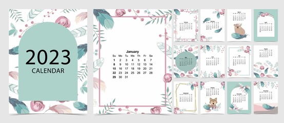 2023 table calendar week start on Sunday with color and flower that use for vertical digital and printable A4 A5 size