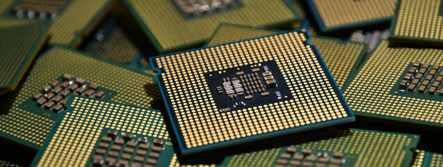 Close-up on Computer Processros. Selective focusing. Long banner