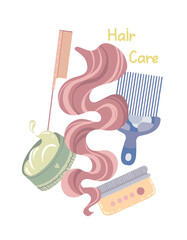Various hair care items, Hair strand, hair styling products, comb. Vector illustration for postcards, stickers, posters. Cartoon style