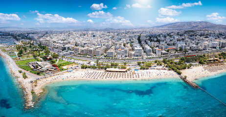 Aerial view of the turquoise sea at Kalamaki Beach, south Athens riviera coast, Greece, during...
