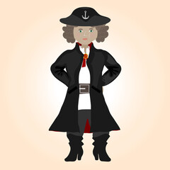 captain in the clothes of past centuries on an orange background.  cartoon image