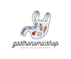 Stomach in the form of a grocery bag with products, logo design. Food, vegetables, fruits, sausage, bread and cheese, vector design and illustration