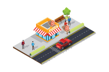 Street food cafe on the sidewalk. Vector Isometric Illustration Suitable for Diagrams, Infographics, And Other Graphic assets
