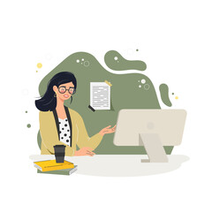 Pretty young woman, teacher working at the computer, studying and shopping online. Flat style vector illustration on white background