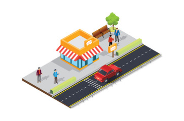 Street food cafe on the sidewalk. Vector Isometric Illustration Suitable for Diagrams, Infographics, And Other Graphic assets