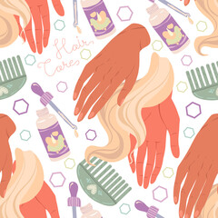Various hair care items, hands holding hair strand, comb, hair oil. Vector seamless Pattern. Light background, wallpaper, cartoon style