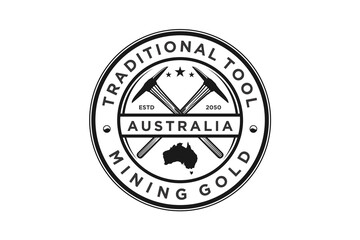 Traditional tool mining pickax logo design gold mining australia emblem badge rounded shape 