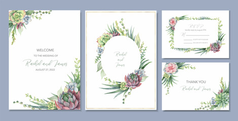 Watercolor vector set wedding invitation card template.