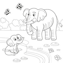 Big elephant and baby elephant in cartoon style. Cute baby elephant sitting in the lake and pouring water from its trunk. Animals of Africa. Vector cartoon illustration.