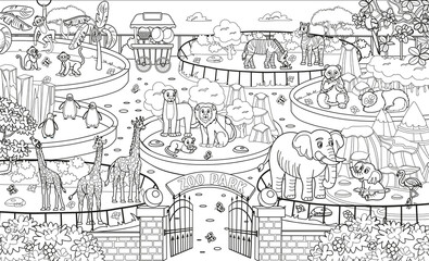 big coloring book with zoo animals. Zoo map with enclosures with animals. Outdoor park entrance with green bushes. Cartoon vector illustration. Pandas, giraffes, elephants, zebras, elephants.