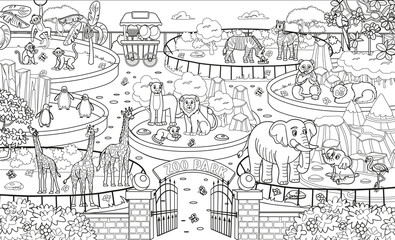Obraz premium big coloring book with zoo animals. Zoo map with enclosures with animals. Outdoor park entrance with green bushes. Cartoon vector illustration. Pandas, giraffes, elephants, zebras, elephants.
