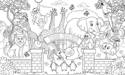 Big coloring book with zoo animals. Zoo animals set. Pandas, giraffes, elephants, zebras, elephants, penguins, monkeys, parrots, flamingos in cartoon style for kids. - obrazy, fototapety, plakaty