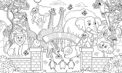 Poster Big coloring book with zoo animals. Zoo animals set. Pandas, giraffes, elephants, zebras, elephants, penguins, monkeys, parrots, flamingos in cartoon style for kids.