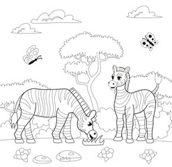 Set of cute cartoon zebra character. Zebra eating grass. Animals of Africa. Vector cartoon illustration.
