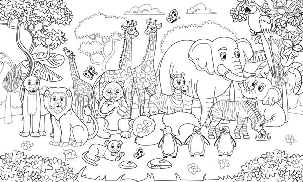 Zoo animals set. Pandas, giraffes, elephants, zebras, elephants, penguins in cartoon style for kids.