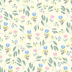 Floral seamless pattern in pastel colors, spring summer print with flowers. Vector illustration.