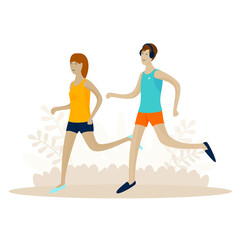 young man and girl running in park