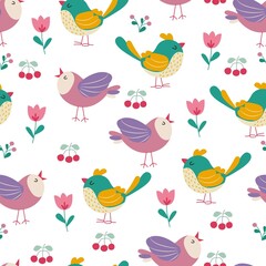 Colorful birds seamless pattern. Exotic birds in different print poses. Vector illustration.