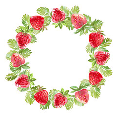 Strawberry wreath. Watercolor clipart
