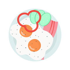 delicious breakfast fried eggs with bacon and vegetables on the plate