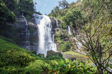 Fototapeta na wymiar Strong flow with rain-like mist of Vachirathan Waterfall in Doi Inthanon National Park,Chom Thong District,Chiang Mai province,Northern Thailand. 