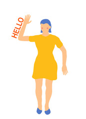 Woman saying hello and waving hand vector illustration.