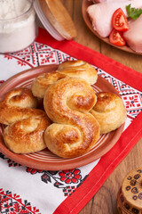 Freshly baked homemade pies with stewed meat, popular moldavian food served as snack or appetizer.               