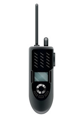 Walkie talkie icon for industrial use. Portable radio transceiver. Travel black portable mobile device. Vector illustration isolated on white background