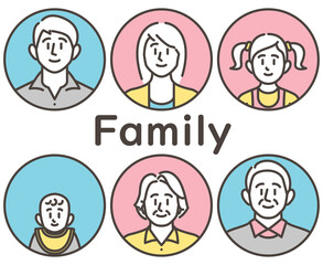 Three-generation family icon set of parents, children and grandparents【Vector illustration】