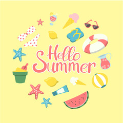 Set of cute summer icons. Hand drawn vector illustration. Summertime poster, scrapbooking with beachwear, ball, lemonade, starfish, rubber ring