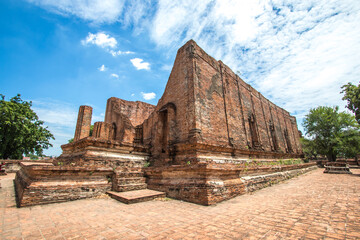 Fototapeta na wymiar Phra Nakorn Si Ayutthaya,Thailand on May 27,2020:Ubosot(ordination hall) of Wat Maheyong in Ayutthaya Historical Site.